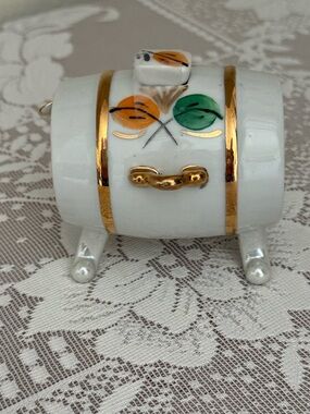 Hand-Painted Porcelain from USSR Ukrainian Barrel Trinket Box with Gold Accents